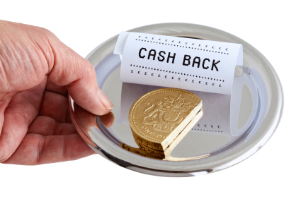 Cashback on purchases made. A common form of trading is rebating cash via the purchase of bought products or services on the internet. An oversized cut pound coin symbolises the return of the cash rebate, with a checkout till receipt. Isolated on a white background.